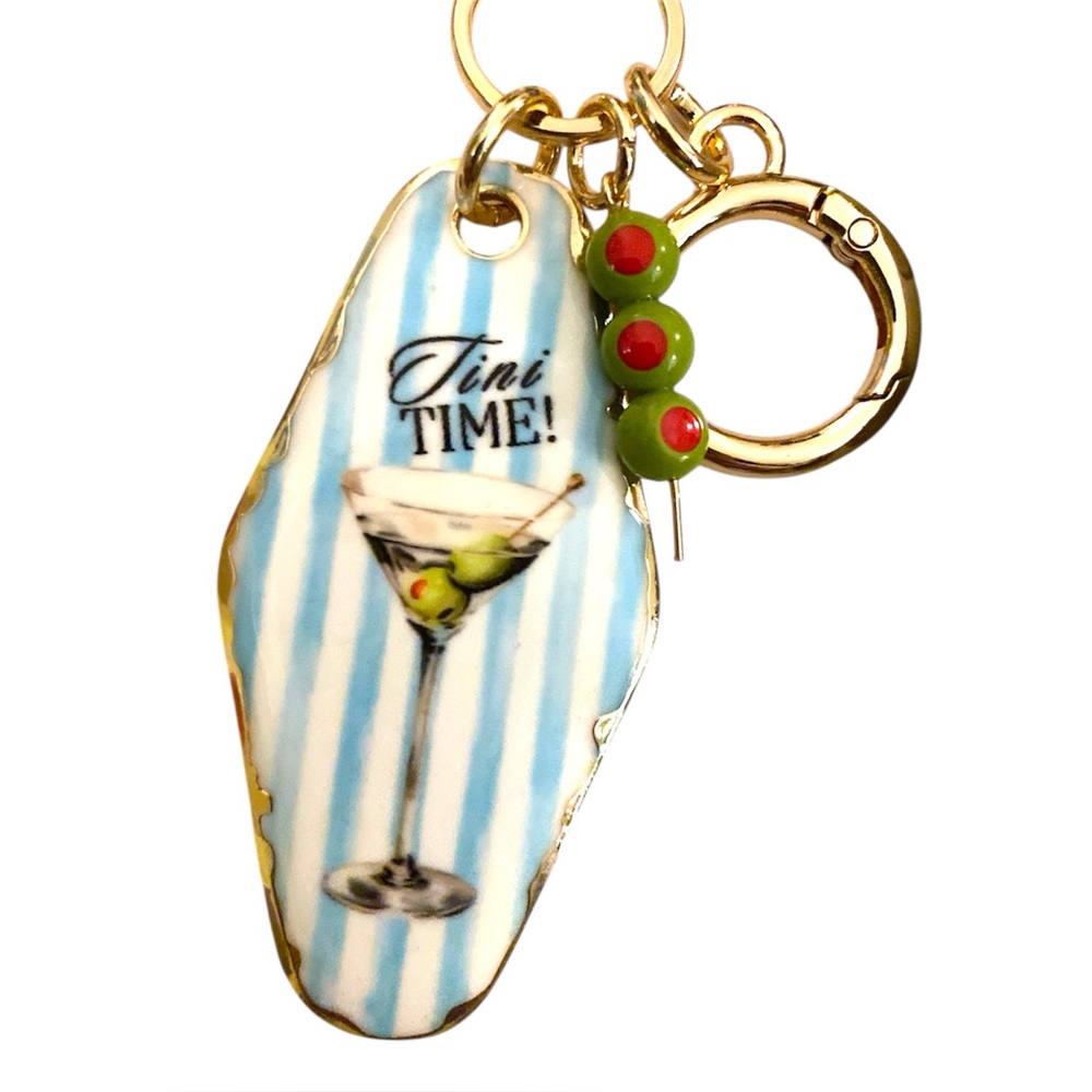 Tini Time Martini Glass Keychain Retro Cocktail Bag Charm Blue Stripe Olives NIB